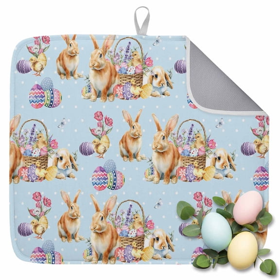 Dish Drying Mat for Kitchen Countertop, Bunny Easter Eggs Absorbent Microfiber Dish Mat Quick Dry Non Slip Draining Mat Kitchen Drying Pad for Dishes, Utensils 16x18 Inch Rabbit Floral Blue