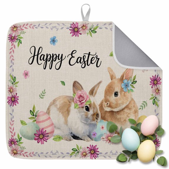 Dish Drying Mat for Kitchen Countertop, Bunny Easter Eggs Absorbent Microfiber Dish Mat Quick Dry Non Slip Draining Mat Kitchen Drying Pad for Dishes, Utensils 16x18 Inch Colorful Egg Flower Leaves