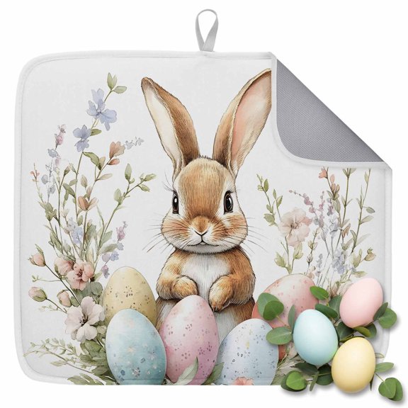 Dish Drying Mat for Kitchen Countertop, Bunny Easter Eggs Absorbent Microfiber Dish Mat Quick Dry Non Slip Draining Mat Kitchen Drying Pad for Dishes, Utensils 16x18 Inch Colorful Egg Floral Leaves