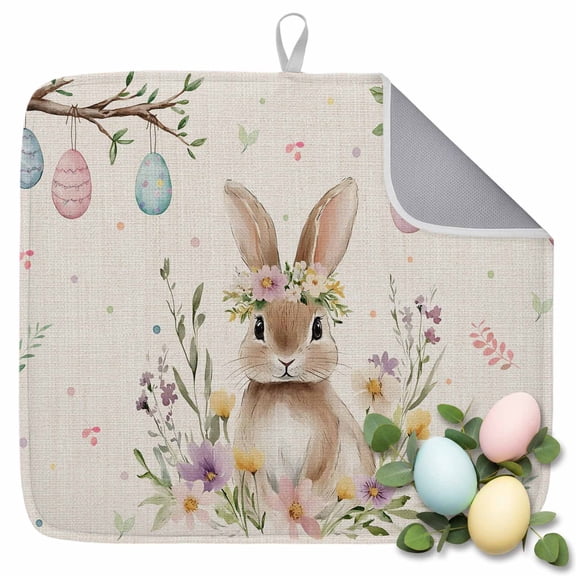 Dish Drying Mat for Kitchen Countertop, Bunny Spring Flowers Absorbent Microfiber Dish Mat Reversible Quick Dry Non Slip Draining Mat Kitchen Drying Pad for Dishes, Utensils 16x18 Inch Easter Eggs