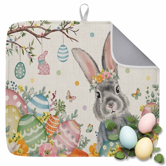 Dish Drying Mat for Kitchen Countertop, Colorful Egg Bunny Absorbent Microfiber Dish Mat Quick Dry Non Slip Draining Mat Kitchen Drying Pad for Dishes, Utensils 18x24 Inch Easter Eggs Rabbit Leaves