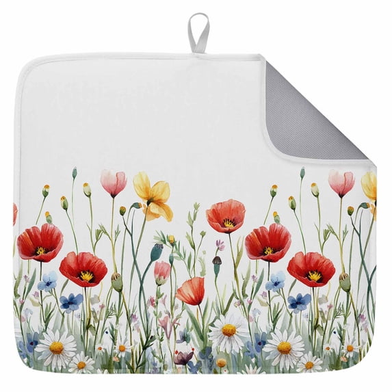 Dish Drying Mat for Kitchen Countertop, Colorful Wildflower Absorbent Dish Mat Reversible Quick Dry Non Slip Draining Mat Kitchen Drying Pad for Dishes, Utensils 16x18 Inch Watercolor Flower