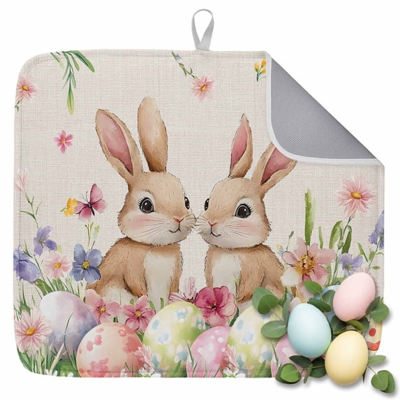 Dish Drying Mat for Kitchen Countertop, Cute Bunny Absorbent Microfiber Dish Mat Quick Dry Non Slip Draining Mat Kitchen Drying Pad for Dishes, Utensils 18x24 Inch Easter Eggs Spring Flowers Leaves