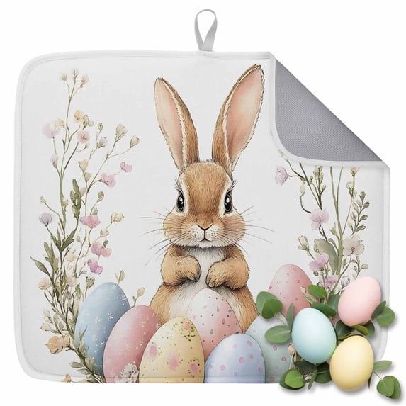 Dish Drying Mat for Kitchen Countertop, Cute Bunny Absorbent Microfiber Dish Mat Reversible Quick Dry Non Slip Draining Mat Kitchen Drying Pad for Dishes, Utensils 18x24 Inch Easter Egg Flower