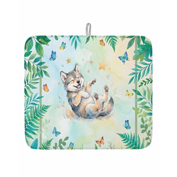 Dish Drying Mat for Kitchen Countertop, Cute Wolf Tropical Plants Absorbent Dish Mat Quick Dry Non Slip Draining Mat Kitchen Drying Pad for Dishes, Utensils 16x18 Inch Green Leaf Butterfly