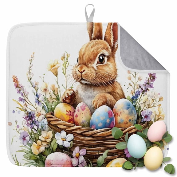 Dish Drying Mat for Kitchen Countertop, Easter Bunny Absorbent Dish Mat Quick Dry Non Slip Draining Mat Kitchen Drying Pad for Dishes, Utensils 16x18 Inch Colorful Egg Leaves Floral Basket