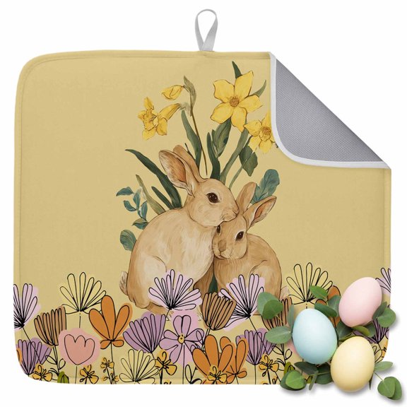 Dish Drying Mat for Kitchen Countertop, Easter Bunny Absorbent Dish Mat Quick Dry Non Slip Draining Mat Kitchen Drying Pad for Dishes, Utensils 18x24 Inch Rabbit Spring Flower Leaves Yellow