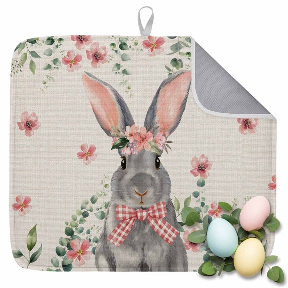 Dish Drying Mat for Kitchen Countertop, Easter Bunny Absorbent Microfiber Dish Mat Quick Dry Non Slip Draining Mat Kitchen Drying Pad for Dishes, Utensils 16x18 Inch Rabbit Pink Floral Leaves