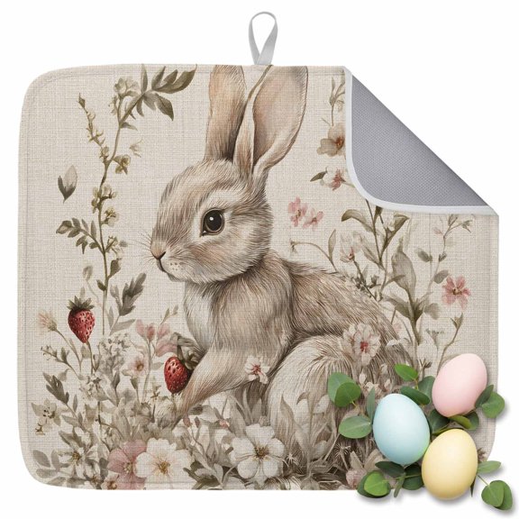 Dish Drying Mat for Kitchen Countertop, Easter Bunny Absorbent Microfiber Dish Mat Quick Dry Non Slip Draining Mat Kitchen Drying Pad for Dishes, Utensils 16x18 Inch Rabbit Flower Strawberry Leaves
