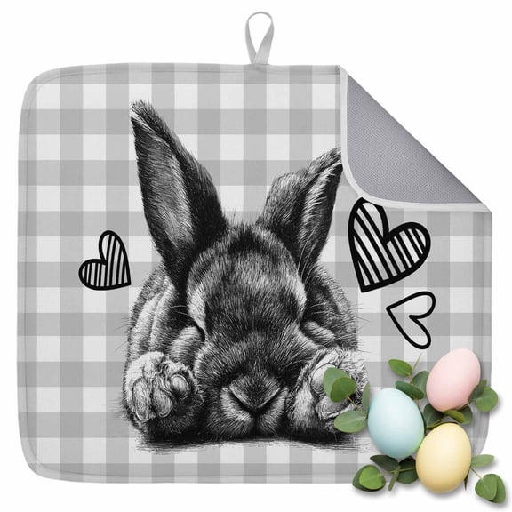 Dish Drying Mat for Kitchen Countertop, Easter Bunny Absorbent Microfiber Dish Mat Quick Dry Non Slip Draining Mat Kitchen Drying Pad for Dishes, Utensils 16x18 Inch Cute Rabbit Gray Plaid