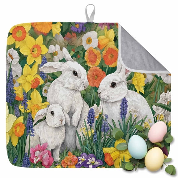 Dish Drying Mat for Kitchen Countertop, Easter Bunny Absorbent Microfiber Dish Mat Quick Dry Non Slip Draining Mat Kitchen Drying Pad for Dishes, Utensils 18x24 Inch Rabbit Spring Flower Leaves