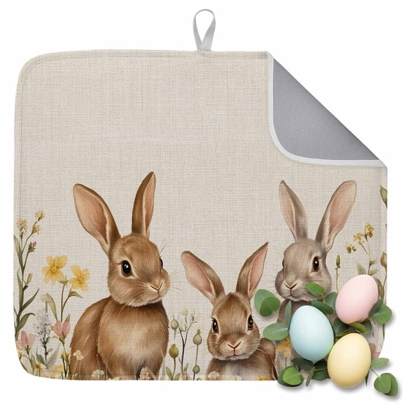 Dish Drying Mat for Kitchen Countertop, Easter Bunny Absorbent Microfiber Dish Mat Reversible Quick Dry Non Slip Draining Mat Kitchen Drying Pad for Dishes, Utensils 16x18 Inch Floral Rabbits Grass