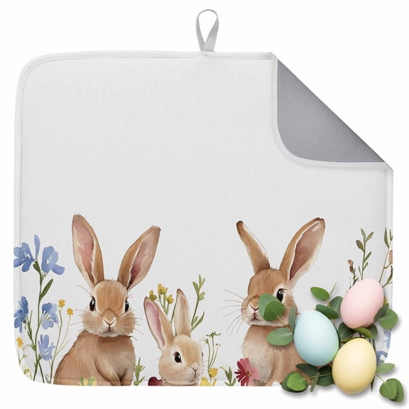 Dish Drying Mat for Kitchen Countertop, Easter Bunny Absorbent Microfiber Dish Mat Reversible Quick Dry Non Slip Draining Mat Kitchen Drying Pad for Dishes, Utensils 16x18 Inch Flower Rabbits Leaves