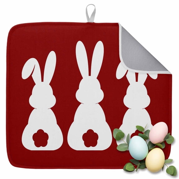 Dish Drying Mat for Kitchen Countertop, Easter Bunny Butt Absorbent Microfiber Dish Mat Reversible Quick Dry Non Slip Draining Mat Kitchen Drying Pad for Dishes, Utensils 16x18 Inch Rabbit Red