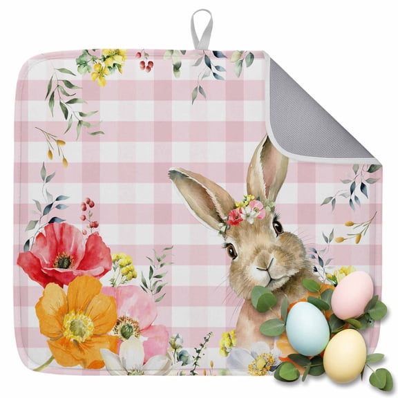 Dish Drying Mat for Kitchen Countertop, Easter Bunny Flower Absorbent Microfiber Dish Mat Quick Dry Non Slip Draining Mat Kitchen Drying Pad for Dishes, Utensils 16x18 Inch Rabbit Pink Plaid