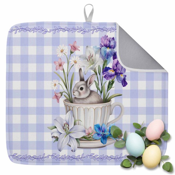 Dish Drying Mat for Kitchen Countertop, Easter Bunny Flower Absorbent Microfiber Dish Mat Quick Dry Non Slip Draining Mat Kitchen Drying Pad for Dishes, Utensils 18x24 Inch Purple Plaid Tea Cup