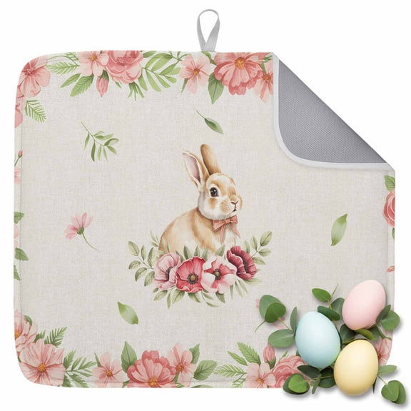Dish Drying Mat for Kitchen Countertop, Easter Bunny Flower Absorbent Microfiber Dish Mat Quick Dry Non Slip Draining Mat Kitchen Drying Pad for Dishes, Utensils 16x18 Inch Spring Floral Leaves