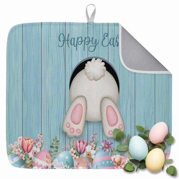 Dish Drying Mat for Kitchen Countertop, Easter Butt Absorbent Dish Mat Quick Dry Non Slip Draining Mat Kitchen Drying Pad for Dishes, Utensils 16x18 Inch Colorful Egg Flower Blue Wood Grain