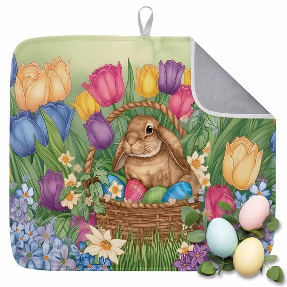 Dish Drying Mat for Kitchen Countertop, Easter Egg Bunny Absorbent Microfiber Dish Mat Quick Dry Non Slip Draining Mat Kitchen Drying Pad for Dishes, Utensils 16x18 Inch Spring Flower Leaves