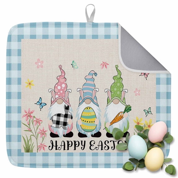 Dish Drying Mat for Kitchen Countertop, Easter Egg Gnome Bunny Absorbent Microfiber Dish Mat Quick Dry Non Slip Draining Mat Kitchen Drying Pad for Dishes, Utensils 16x18 Inch Buffalo Plaid
