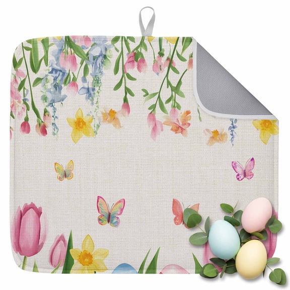 Dish Drying Mat for Kitchen Countertop, Easter Eggs Absorbent Dish Mat Quick Dry Non Slip Draining Mat Kitchen Drying Pad for Dishes, Utensils 16x18 Inch Butterfly Spring Flower Tulip Leaves