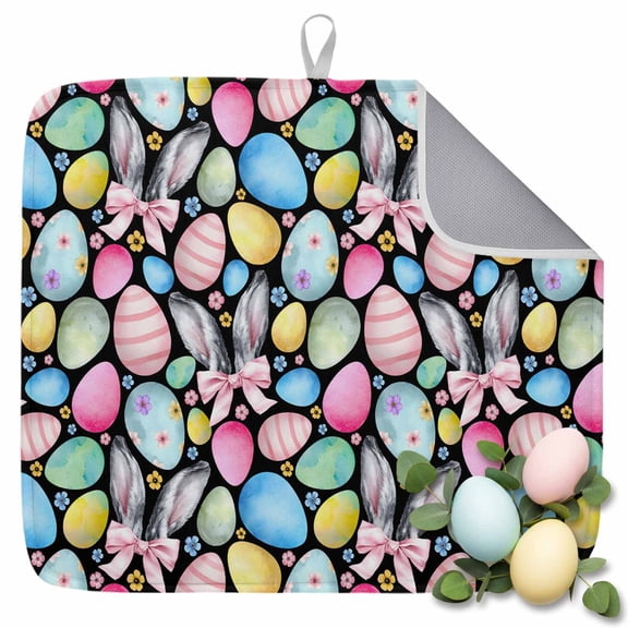 Dish Drying Mat for Kitchen Countertop, Easter Eggs Absorbent Dish Mat Quick Dry Non Slip Draining Mat Kitchen Drying Pad for Dishes, Utensils 16x18 Inch Colorful Eggs Bunny Ears Floral Black