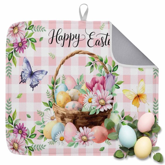 Dish Drying Mat for Kitchen Countertop, Easter Eggs Absorbent Dish Mat Quick Dry Non Slip Draining Mat Kitchen Drying Pad for Dishes, Utensils 16x18 Inch Colorful Egg Basket Flower Pink Plaid