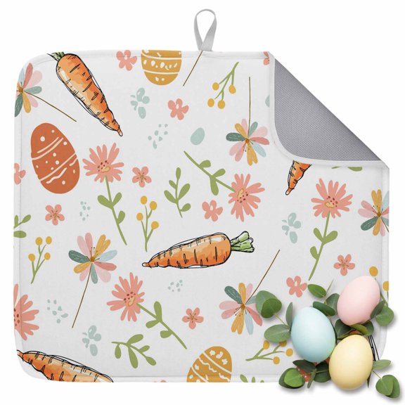 Dish Drying Mat for Kitchen Countertop, Easter Eggs Absorbent Microfiber Dish Mat Quick Dry Non Slip Draining Mat Kitchen Drying Pad for Dishes, Utensils 16x18 Inch Bunny Carrot Floral Leaves White