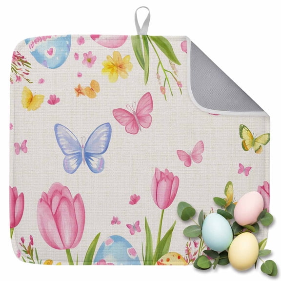 Dish Drying Mat for Kitchen Countertop, Easter Eggs Absorbent Microfiber Dish Mat Quick Dry Non Slip Draining Mat Kitchen Drying Pad for Dishes, Utensils 16x18 Inch Pink Tulip Floral Butterfly