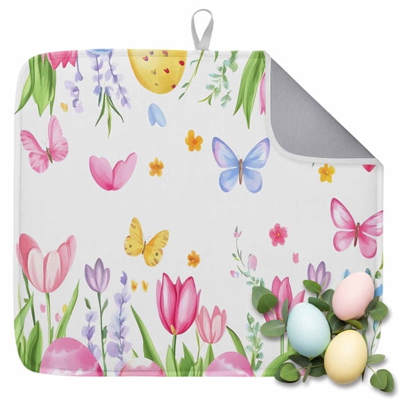 Dish Drying Mat for Kitchen Countertop, Easter Eggs Absorbent Microfiber Dish Mat Quick Dry Non Slip Draining Mat Kitchen Drying Pad for Dishes, Utensils 16x18 Inch Pink Tulip Flower Butterfly