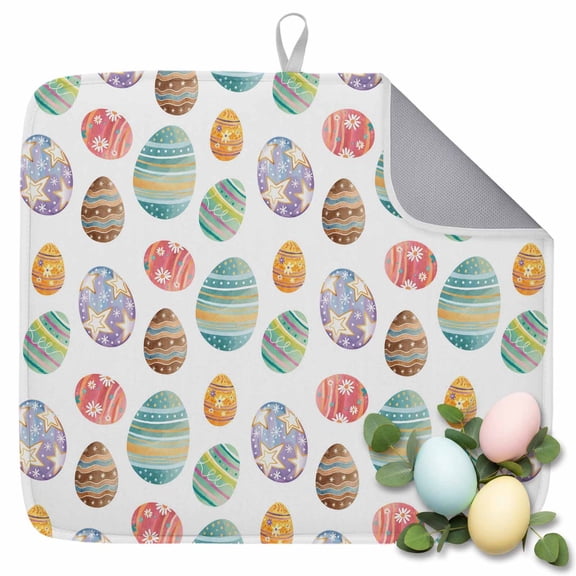 Dish Drying Mat for Kitchen Countertop, Easter Eggs Absorbent Microfiber Dish Mat Quick Dry Non Slip Draining Mat Kitchen Drying Pad for Dishes, Utensils 16x18 Inch Colorful Egg Star Floral
