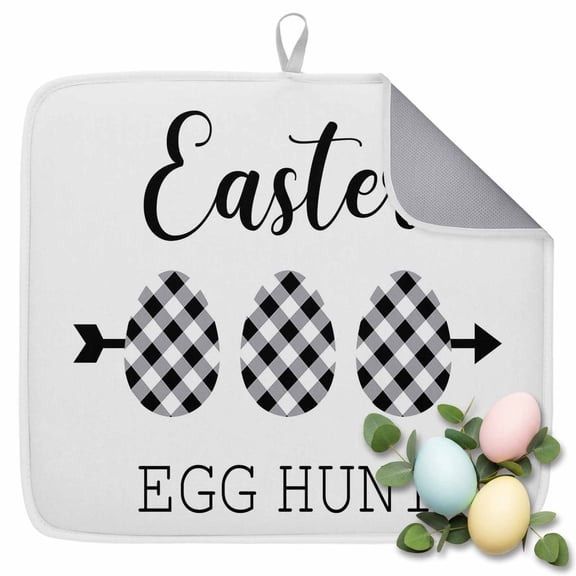 Dish Drying Mat for Kitchen Countertop, Easter Eggs Absorbent Microfiber Dish Mat Reversible Quick Dry Non Slip Draining Mat Kitchen Drying Pad for Dishes, Utensils 16x18 Inch Black Plaid Egg Hunt