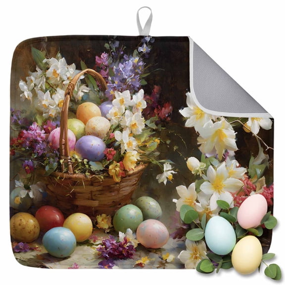 Dish Drying Mat for Kitchen Countertop, Easter Eggs Basket Absorbent Microfiber Dish Mat Quick Dry Non Slip Draining Mat Kitchen Drying Pad for Dishes, Utensils 16x18 Inch Spring Floral Farmhouse