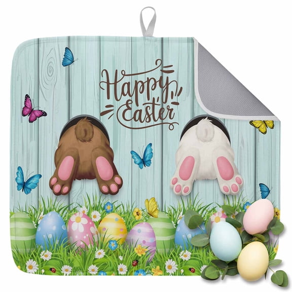 Dish Drying Mat for Kitchen Countertop, Easter Eggs Bunny Absorbent Dish Mat Quick Dry Non Slip Draining Mat Kitchen Drying Pad for Dishes, Utensils 16x18 Inch Colorful Egg Flower Wood Grain