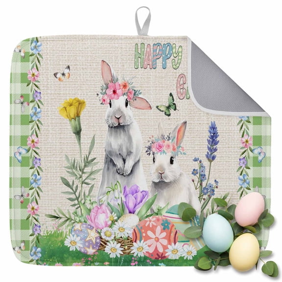 Dish Drying Mat for Kitchen Countertop, Easter Eggs Bunny Absorbent Dish Mat Quick Dry Non Slip Draining Mat Kitchen Drying Pad for Dishes, Utensils 16x18 Inch Rabbit Flower Butterfly Leaves