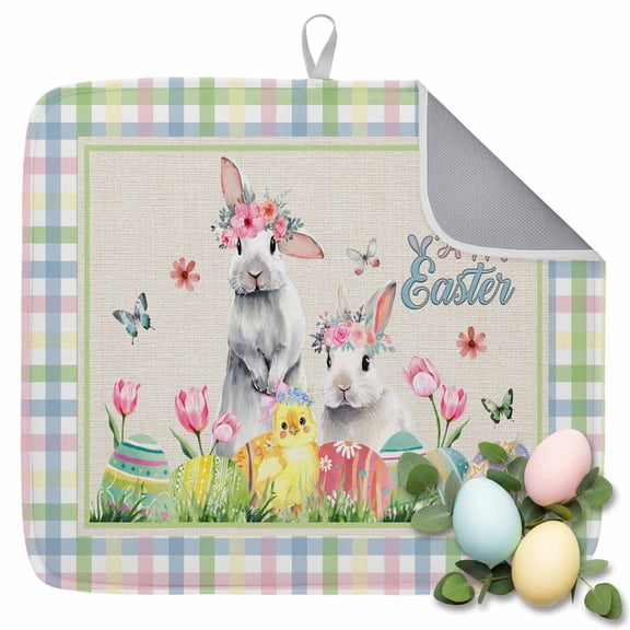 Dish Drying Mat for Kitchen Countertop, Easter Eggs Bunny Absorbent Dish Mat Quick Dry Non Slip Draining Mat Kitchen Drying Pad for Dishes, Utensils 16x18 Inch Flower Rabbit Leaves Butterfly
