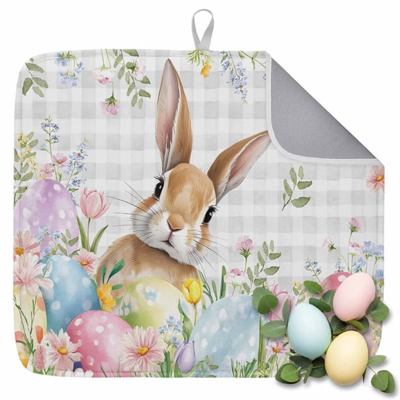 Dish Drying Mat for Kitchen Countertop, Easter Eggs Bunny Absorbent Dish Mat Quick Dry Non Slip Draining Mat Kitchen Drying Pad for Dishes, Utensils 16x18 Inch Spring Floral Rabbit Gray Plaid