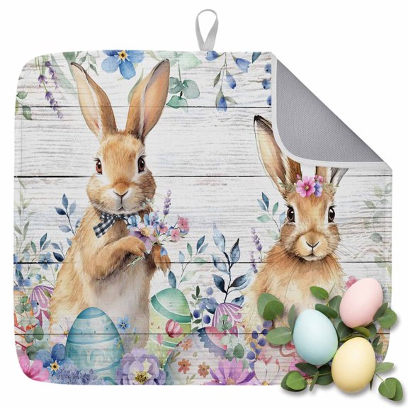 Dish Drying Mat for Kitchen Countertop, Easter Eggs Bunny Absorbent Dish Mat Quick Dry Non Slip Draining Mat Kitchen Drying Pad for Dishes, Utensils 16x18 Inch Rabbit Leaves Floral Wood Grain