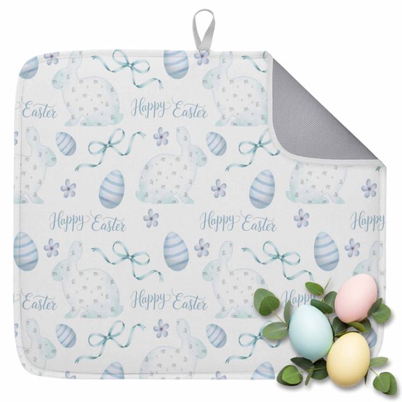 Dish Drying Mat for Kitchen Countertop, Easter Eggs Bunny Absorbent Dish Mat Quick Dry Non Slip Draining Mat Kitchen Drying Pad for Dishes, Utensils 18x24 Inch Rabbit Bow Blue Spring Floral