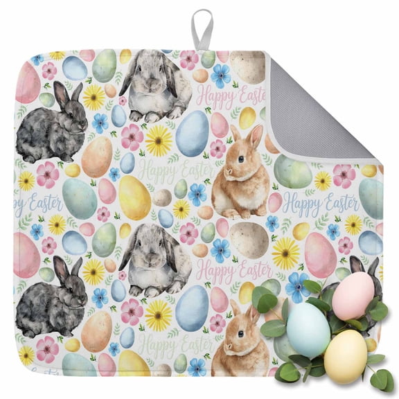 Dish Drying Mat for Kitchen Countertop, Easter Eggs Bunny Absorbent Microfiber Dish Mat Quick Dry Non Slip Draining Mat Kitchen Drying Pad for Dishes, Utensils 16x18 Inch Rabbit Floral White