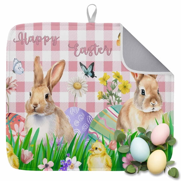 Dish Drying Mat for Kitchen Countertop, Easter Eggs Bunny Absorbent Microfiber Dish Mat Quick Dry Non Slip Draining Mat Kitchen Drying Pad for Dishes, Utensils 16x18 Inch Butterfly Flower Pink Plaid