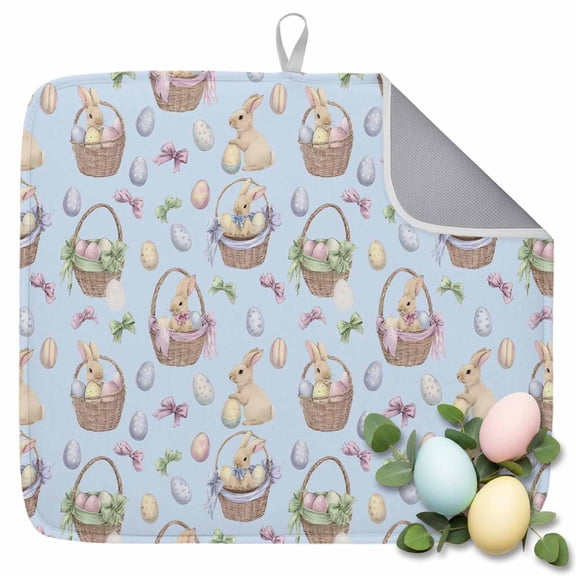 Dish Drying Mat for Kitchen Countertop, Easter Eggs Bunny Absorbent Microfiber Dish Mat Quick Dry Non Slip Draining Mat Kitchen Drying Pad for Dishes, Utensils 16x18 Inch Rabbit Basket Blue
