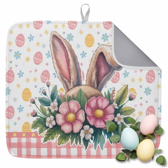 Dish Drying Mat for Kitchen Countertop, Easter Eggs Bunny Absorbent Microfiber Dish Mat Quick Dry Non Slip Draining Mat Kitchen Drying Pad for Dishes, Utensils 16x18 Inch Rabbit Ears Flower Leaves