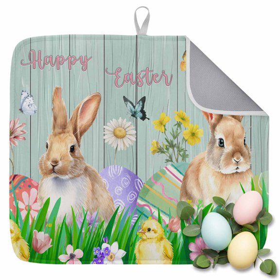 Dish Drying Mat for Kitchen Countertop, Easter Eggs Bunny Absorbent Microfiber Dish Mat Quick Dry Non Slip Draining Mat Kitchen Drying Pad for Dishes, Utensils 16x18 Inch Flower Butterfly Wood Grain