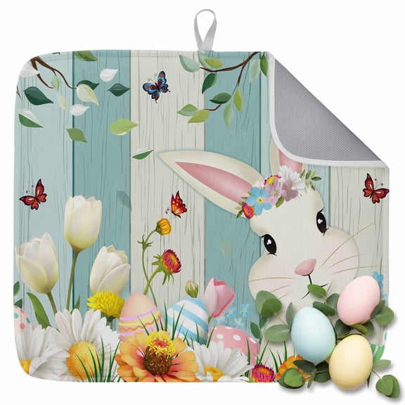 Dish Drying Mat for Kitchen Countertop, Easter Eggs Bunny Absorbent Microfiber Dish Mat Quick Dry Non Slip Draining Mat Kitchen Drying Pad for Dishes, Utensils 18x24 Inch Butterfly Flowers Leaves
