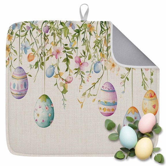 Dish Drying Mat for Kitchen Countertop, Easter Eggs Bunny Absorbent Microfiber Dish Mat Quick Dry Non Slip Draining Mat Kitchen Drying Pad for Dishes, Utensils 16x18 Inch Flower Colorful Egg Floral