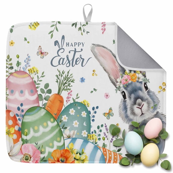 Dish Drying Mat for Kitchen Countertop, Easter Eggs Bunny Absorbent Microfiber Dish Mat Quick Dry Non Slip Draining Mat Kitchen Drying Pad for Dishes, Utensils 16x18 Inch Rabbit Butterfly White