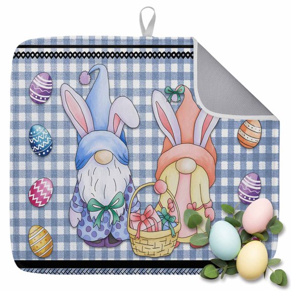 Dish Drying Mat for Kitchen Countertop, Easter Gnome Absorbent Dish Mat Quick Dry Non Slip Draining Mat Kitchen Drying Pad for Dishes, Utensils 16x18 Inch Colorful Eggs Bunny Ears Blue Plaid