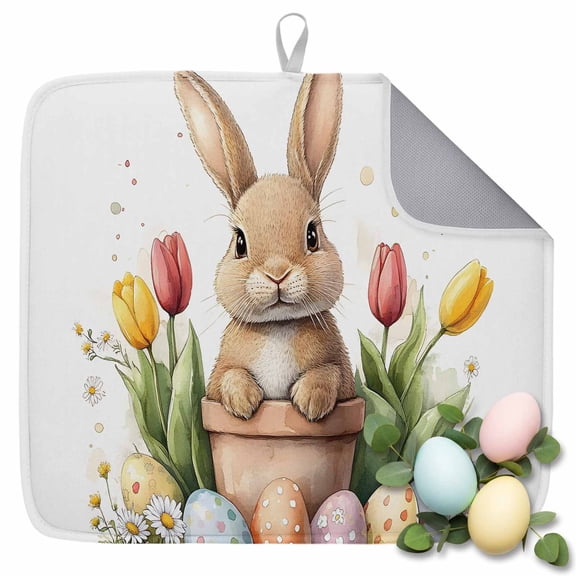 Dish Drying Mat for Kitchen Countertop, Easter Style Absorbent Microfiber Dish Mat Reversible Quick Dry Non Slip Draining Mat Kitchen Drying Pad for Dishes, Utensils 16x18 Inch Bunny Egg Flower