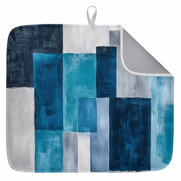 Dish Drying Mat for Kitchen Countertop, Geometric Square Absorbent Microfiber Dish Mat Reversible Quick Dry Non Slip Draining Mat Kitchen Drying Pad for Dishes, Utensils 16x18 Inch Blue Treal